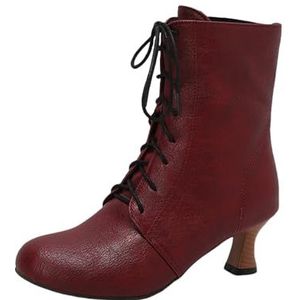 Traditionele Laarzen Met Hak Dames Enkellaarsjes In Grote Maten Retro Middeleeuwse Ankle Boots PU Leren Booties Hoge Hakken Met Bandjes Herfst-winter Enkelschoenen(Red,43 EU)