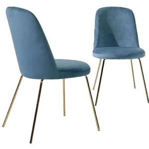Moderne gestoffeerde eetkamerstoel set van 2, vrijetijdsloungestoelen middenrug stoelen met fluwelen accent 2 met gouden poten - blauw