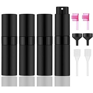 4 Stks/8ml Draagbare Mini Parfum Verstuiver Flessen, Lege Hervulbare Spray Fles met 3 Soorten Refill Tools, Pocket Travel Parfum Sample Flessen (Mat Zwart)