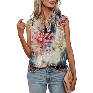 dames topjes Mouwloze blouse met bloemenprint en knopen aan de voorkant (Color : Multicolore, Size : XL)