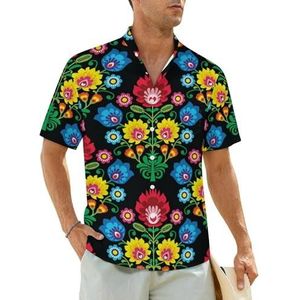 Poolse volkskunst bloemenpatroon herenoverhemden korte mouwen strandshirt Hawaiiaans shirt casual zomer T-shirt 2XL
