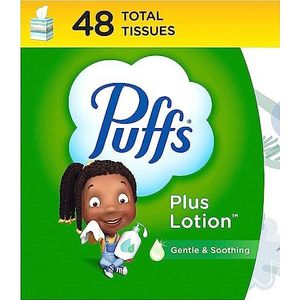 Puffs Plus lotion gezichtsweefsel, 1 kubusdoos, 48 weefsels per doos (verpakking kan variëren)