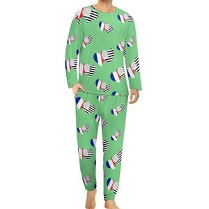 Franse en zwarte Amerikaanse vlag comfortabele heren pyjama set ronde hals lange mouwen loungewear met zakken 5XL