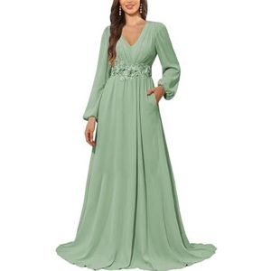 KURFACE Bruidsmeisjesjurk met lange mouwen en zakken, kanten applicatie, chiffon, moederjurk van de bruid, Sage Groen, 32
