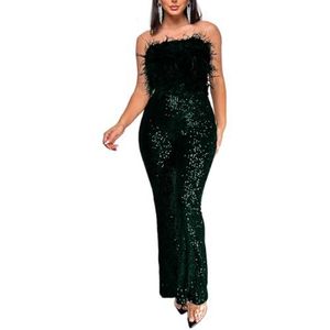 KWISUAWHGA Sexy Jumpsuit met Off-Shoulder Pailletten En Veren voor Dames, Mouwloos Glinsterend Wijd Uitlopende Broek Romper Feestkleding En Clubkleding,Groen,3XL