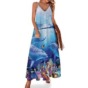 Dolphins Wnonderland Sling Maxi-jurk voor dames, V-hals, casual, mouwloos, verstelbare riem, sexy lange jurk