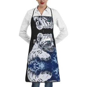 ZhaoYuGoods Marineblauwe Sky and Stars schorten met zakken voor vrouwen, stijlvolle kookschorten voor keuken tuinieren salon, ideale print schort, Kleine Tijger in de ruimte, Eén maat
