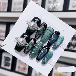 Verwijderbare en draagbare nail art Franse amandel ombre handgemaakte opdruknagels lange acryl valse nageltips innail (kleur: 29143, maat: XS)