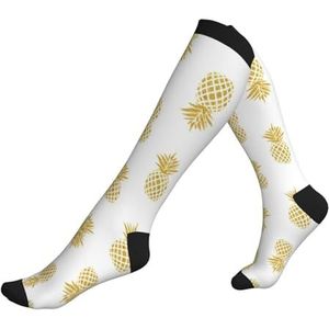 Gouden Ananas Achtergrond Compressie Sokken Voor Vrouw & Man Unisex 20-30mmhg Knie Hoge Kalveren Voor Vliegende Running Sport, Zwart, Eén Maat