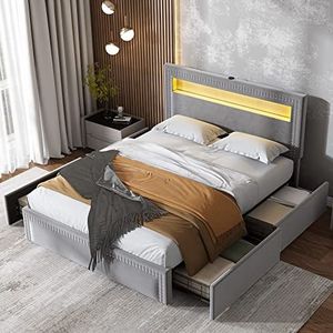 Moimhear Tweepersoonsbed, 140 x 200 cm, gestoffeerd bed met 4 laden, ledverlichting, USB-aansluiting, fluweel, hoog hoofdeinde