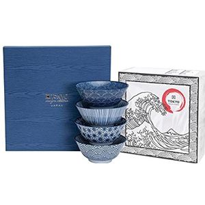 TOKYO Design Studio Nippon Blue Set van 4 kommen blauw-wit, Ø 15 cm, ca. 500 ml, Aziatisch porselein, Japans design met blauwe patronen, incl. geschenkverpakking