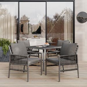 Aunlva Tuin-eetgroep, frame van verzinkt ijzer, tuinmeubelset (5-delige eettafelset, 4 fauteuils, 1 tafel), WPC-tafelblad, PE-rotan, grijs, met verstelbare poten, inclusief zitkussen