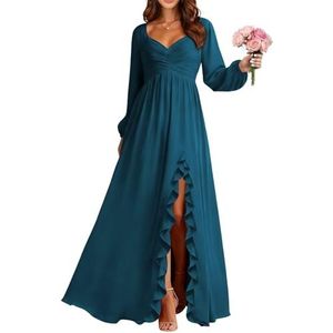 BRIGOW BY034 Damesjurk met lange mouwen, chiffon, bruidsmeisjesjurk, geplooid lijfje, lang, A-lijn, galajurk met split, Teal-b, 32