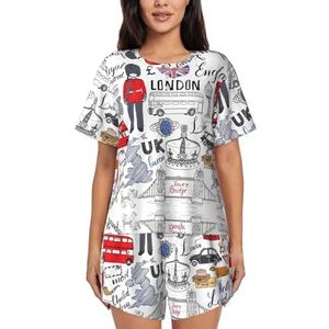 I Love London Print Dames Zomer Zachte Tweedelige Bijpassende Outfits Korte Mouw Pyjama Lounge Pyjama Sets, Zwart, XXL