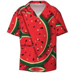 EdWal Rode Watermeloen Print Heren Korte Mouw Button Down Shirts Casual Losse Fit Zomer Strand Shirts Heren Jurk Shirts, Zwart, L