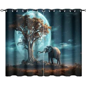 AEMYSKA Rustieke Olifant Print Tule Gordijnen Verduisterende Gordijnen Maan Boom Natuur Landschap Moderne Dierenkamer Verduisterend Gordijn, Vensterpanelen voor Woonkamer Decor