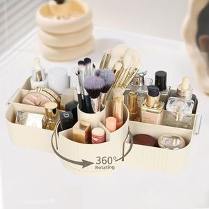 Cinnani Make-uporganizer, multifunctioneel, 360° draaibaar compartiment, make-up organizer voor parfums, huidverzorging, make-up borstelhouder (beige)