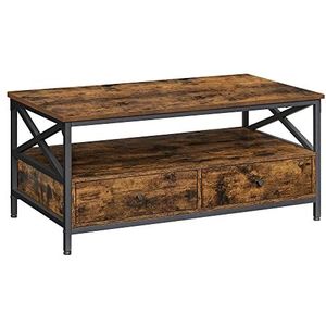 VASAGLE Salontafel, woonkamertafel, lage dressoir, met 2 laden en een open vak, stalen frame in X-vorm, 100 x 55 x 45 cm, industriële stijl, rustiek bruin en zwart LCT201B01