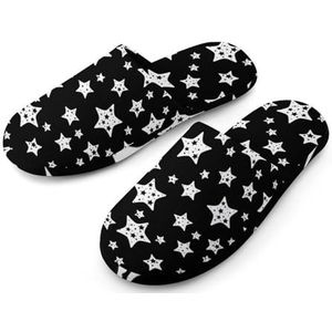 Zwart-wit sterrenpatroon Volledige Print Dames Slippers Warme Anti-Slip Rubberen Zool Huisschoenen Voor Indoor Hotel 36-37_(5.5-6)