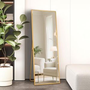 AUFHELLEN Staande spiegel met koper, metalen frame, 140 x 40 cm, HD, grote full-body spiegel met haken, voor woonkamer of kleedkamer (goud)