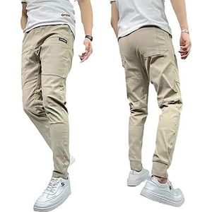 Heren hoge stretch multi-pocket skinny cargo broek, outdoor casual trekkoord joggers broek cargo broek werkbroek voor mannen, Kaki, 31