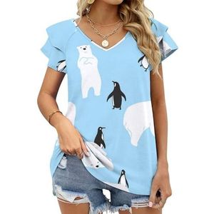 Polar Bear Penguin Friends Grafische Blouse Top Voor Vrouwen V-hals Tuniek Top Korte Mouw Volant T-shirt Grappig