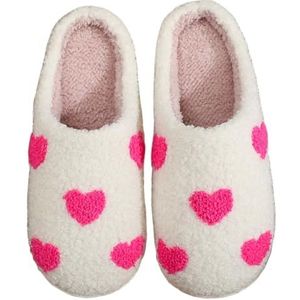 LYEAA Pluche hartvormige pantoffels, platte thermische pantoffels, antislip, zachte, harige pantoffels, comfortabele pluizige liefdespantoffels, ademend, voor slaapkamer binnenshuis, wit-roze., 42 EU