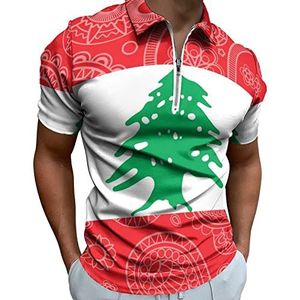 Libanon Paisley Vlag Half Zip-up Polo Shirts Voor Mannen Slim Fit Korte Mouw T-shirt Sneldrogende Golf Tops Tees 2XL