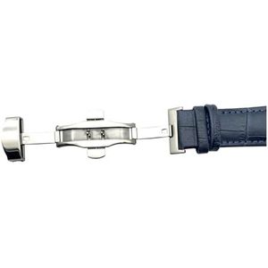 LUGEMA Echt Lederen Armband Donkerblauwe Horlogeband Butterfly Sluiting Horlogeband 10 12 13 14 15 16 17 18 19 20 21 22 24mm Horlogeband (Color : Blue silver clasp, Size : 19mm)