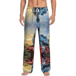 Steam Train1 Lange loungewear voor heren, nachtkleding, pyjamabroek, nachtkleding met zakken en trekkoord, Wit, S