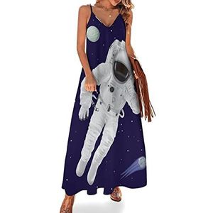 Astronaut And Planets Zomerjurk voor dames, maxi-jurk, V-hals, mouwloos, spaghettibandjes, lange jurk