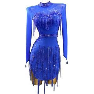 Yhwacyznm Professionele Latin wedstrijdjurken met hoge kraag Cha Cha Dansrok Salsa Ballroomkostuum met lange mouwen voor dames Tango Dansoutfit Mesh Splice