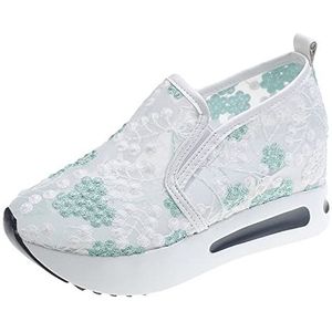 Floral Embroidery Mesh Sneakers for Women,Lace Fashion Platform Walking Work Shoes Height Increasing Wedges Casual Shoes (Color : Green, Size : 36 EU)