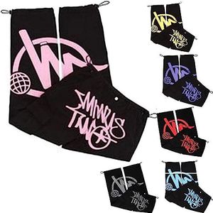 sPeesy Minus Two Y2K-cargobroek voor heren, broek met print, hiphopstijl jeans, Minus Two jeans met rechte pijpen, zakken, hoge taille, bedrukt, casual baggy broeken, roze, S