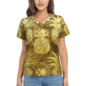 Gouden Ananas Achtergrond Print Korte Mouw V-hals Tees Dames Tops Strand Vakantie Mode Casual Zomer Outfits, Zwart, S