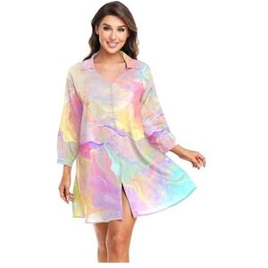 DUNSBY Bikini Cover Up Vrouwen Strand Shirts Marmeren Print Badpak Cape Zomer Lange Mouw Tuniek Badmode Outfits Badpak Cover Up (Kleur: 04, Maat: L)