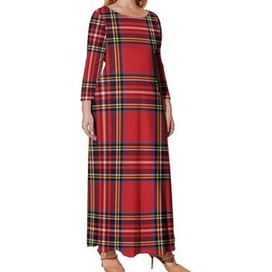 Rood Zwart Buffalo Schotse Tartan Plaid Geruite Grafische Plus Size Jurk Voor Vrouwen Casual Lange Mouw Maxi Jurken