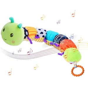 Muzikale pluche rups - Caterpillar vorm lang pluche kussen | Bijtspeeltje voor pasgeborenen van 0-12 maanden, jongens en meisjes, met multisensorische kreukels, rammelaar en texturen, Artsim