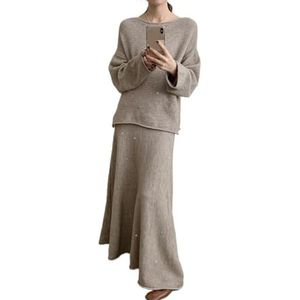 MLSHWUG Dames Volledige Lichaam Pailletten Los Gebreide Trui Hoog Taille Vissestaart Rok Sets,Khaki,One Size