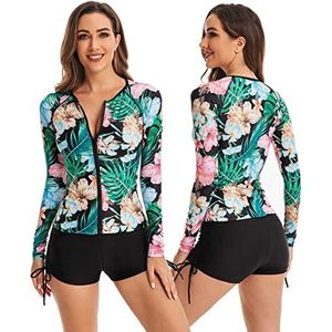 Women Rashguard Swimsuit Standard Long Sleeve Swim Shirt Colorblock UPF 50+ Uv Sun Protection Bathing Suit