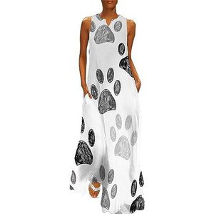 Hond Poot Print Zwart Wit Vrouwen Enkellengte Jurk Slim Fit Mouwloze Maxi Jurken Casual Zonnejurk 4XL