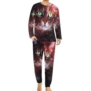 Fantasy Galaxy Cat comfortabele herenpyjama-set met ronde hals en lange mouwen, loungewear met zakken, S