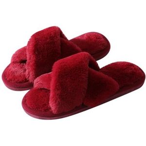 yeeplant Kruisband pluizige pantoffels voor dames en heren, harige antislip teen open slippers, lichtgewicht, comfortabele platte huispantoffel, herbruikbaar, zacht, Rood, one size