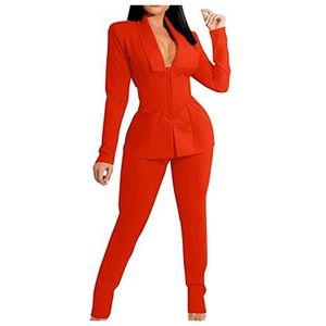 Dames Business-broekpak, 2-delig Pak, Slim Fit, Elegant Met Pantalon For Op Kantoor Met Heupriem(Rouge,XXL)