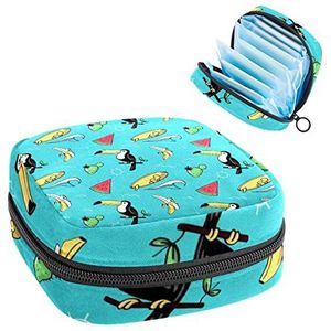 Tropische vruchten Toekans, Periode Pouch Draagbaar,Tampon Opbergtas,Tampon Houder voor Portemonnee Vrouwelijke Product Organizer, Meerkleurig, 4.7x6.6x6.6 in/12x17x17 cm