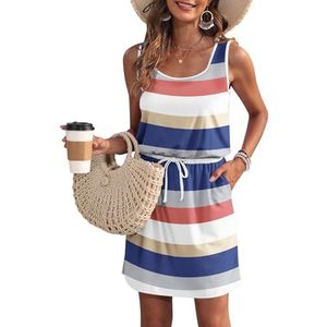 WNEEDU Zomerjurk voor dames, mouwloze strandjurk, U-hals, trekkoord, luchtige jurk, zomer, met zakken, Blauwe witte strepen., M
