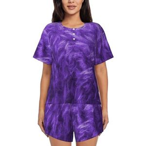 JIAWUJYNB Pyjama met paarse print voor dames met korte mouwen - comfortabele korte sets, nachtkleding met zakken, Zwart, XL