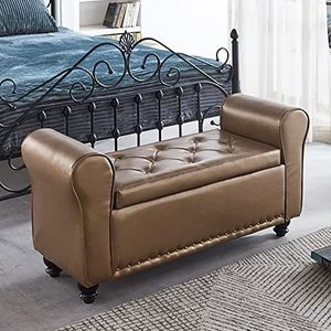 HWDNQGH opbergdoos, Houten Sofa Kruk Voetsteun - Contemparory Opgerolde Arm Opbergbank Met Pu Leer, Moderne Tufted Bed Bench Entryway Schoenbank