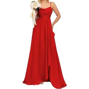 Prinses Bruidsmeisjes Jurken Spaghetti Bandjes Galajurken Chiffon Formele Avondfeest Maxi Jurk met Split ZM192, Rood, 32