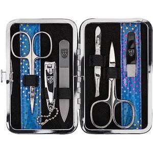 DREI SCHWERTER - Germany 6-delige manicureset 'Genova' | Set in nageletui van kunstlakleer blauwe sterren | Inhoud: nagelschaar, huidschaar, nagelknipper, glazen nagelvijl, pincet, saffier nagelvijl